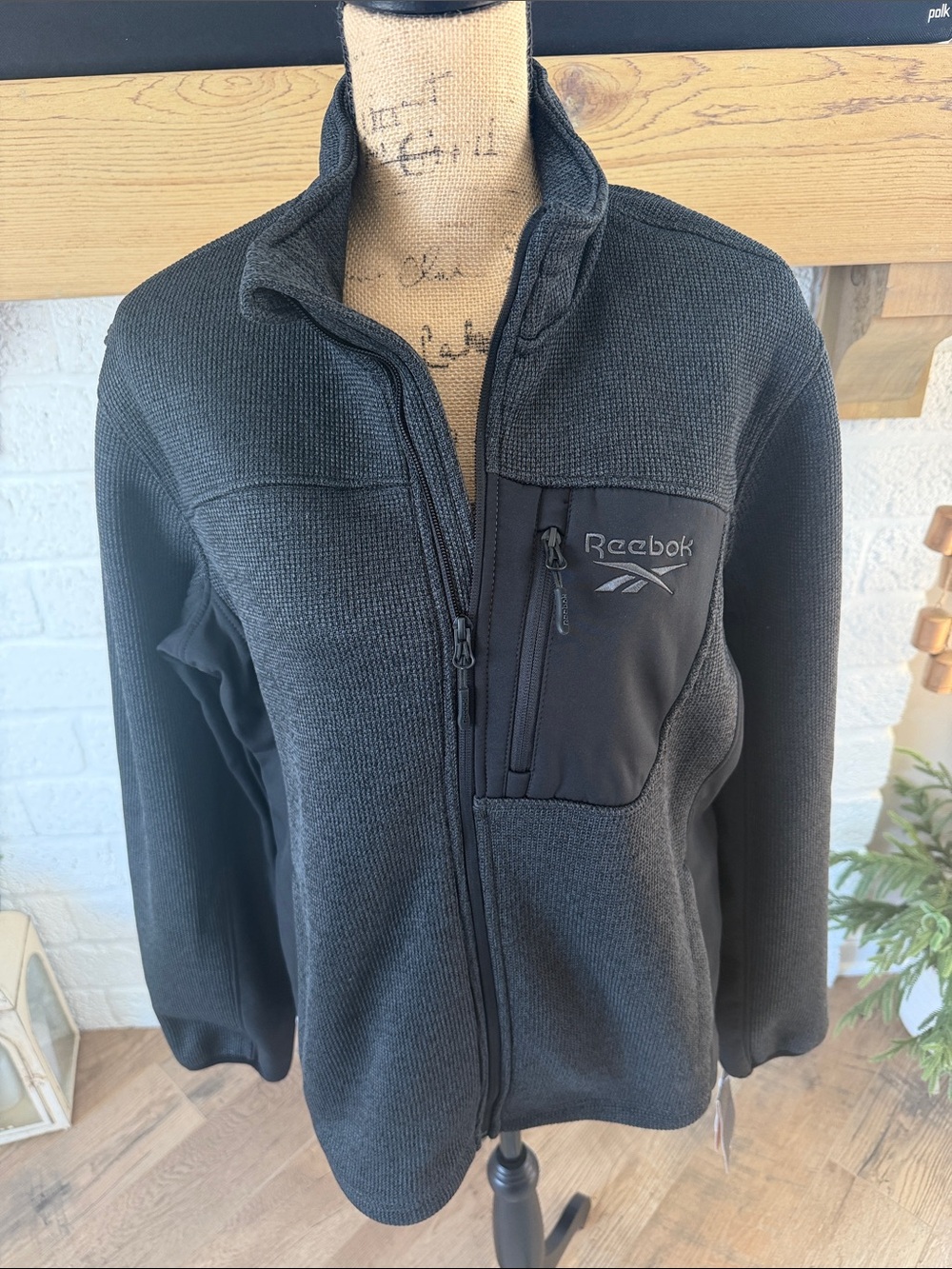 Reebok Men’s Black Knit Lightweight Full-Zip Jacket with Chest Pocket